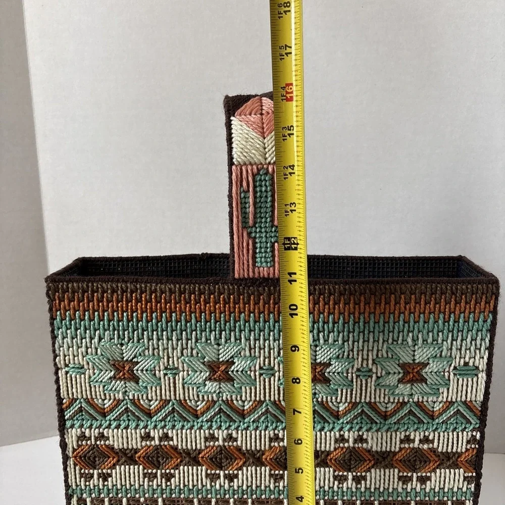 Vintage Handmade Needlepoint Cross Stitch Box Aztec Desert Cactus Purse